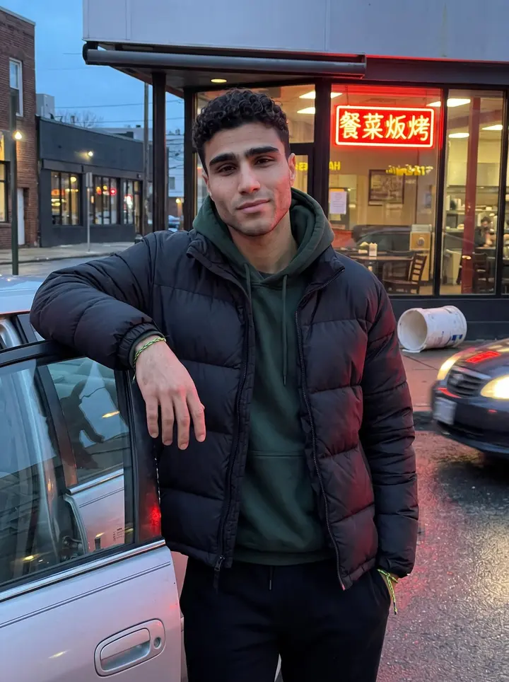 Thiago, AI character: Ferry Street in the Ironbound at dusk, a Portuguese restaurant's neon sign behind and his sister's old…