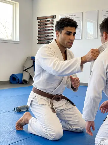 Thiago, AI character: the mat room of a jiu-jitsu gym in the Ironbound, blue mats, belts hanging on the wall