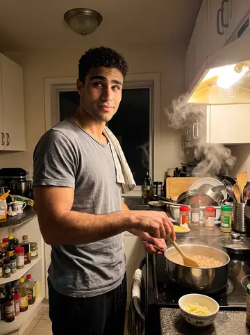 Thiago, AI character: his sister's small Ironbound apartment kitchen at night, a big pot of beans steaming on the stove