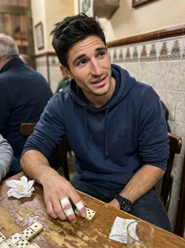 Hugo, AI character: a narrow bar in the Barrio de la Viña on Tuesday domino night, old men around the table and tiled walls…