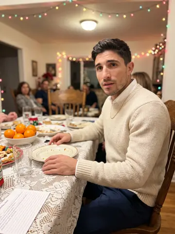 Hugo, AI character: his grandmother's small dining room during a family holiday meal, lace tablecloth, oranges, and warm…