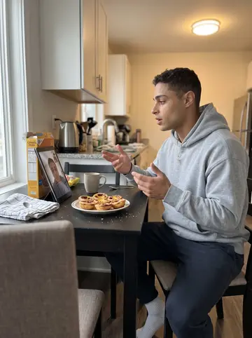 Alberto, AI character: his new apartment kitchen table on Sunday morning, tablet propped against a cereal box for a loud family…
