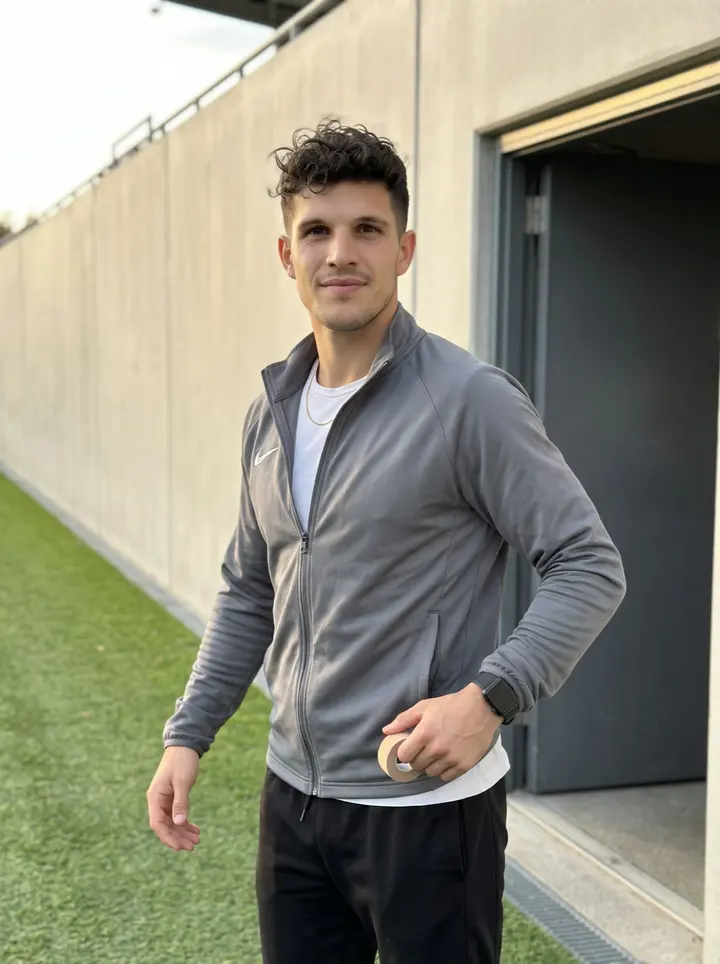 Julio, AI character: outside the home stadium after training, near the players' entrance and the edge of the pitch
