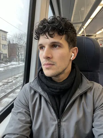 Julio, AI character: train seat by the window on the way to a light recovery session across town