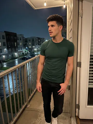 Julio, AI character: teammate's balcony after a home win, city apartments and wet pavement below