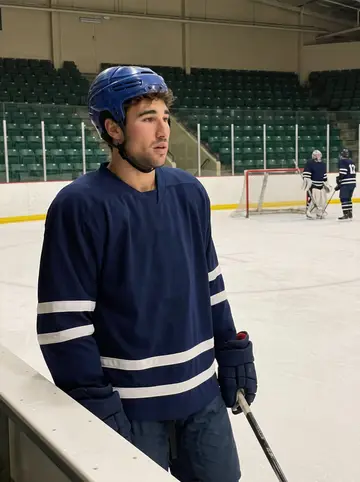 Filippos, AI character: inside the rink tunnel between practice and the locker room, rubber flooring and scuffed white boards…