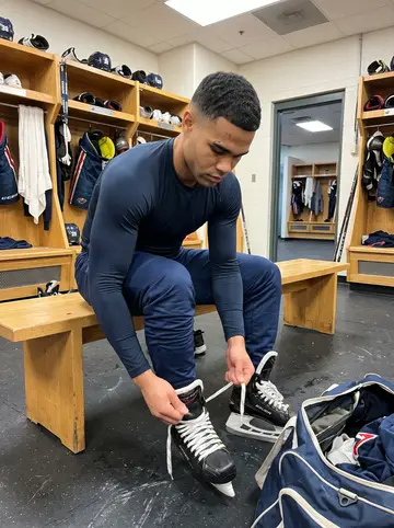 Brandon, AI character: team locker room before a home game in Minneapolis, gear bags and wooden benches around him