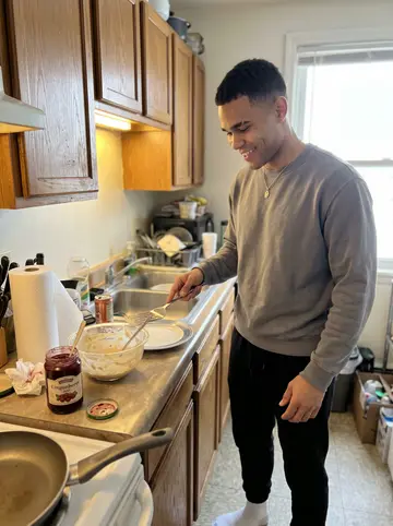 Brandon, AI character: small Minneapolis apartment kitchen on an off day, pan on the stove and jar of lingonberry jam on the counter