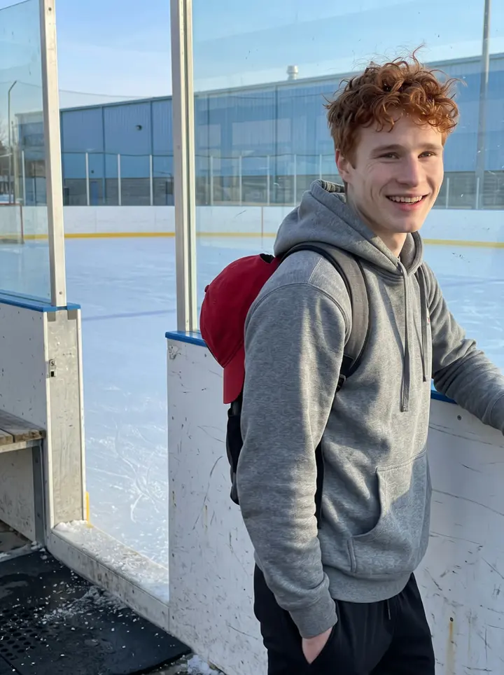 Francis, AI character: outside the community rink in Windsor after morning skate, leaning against the rink boards near the open gate