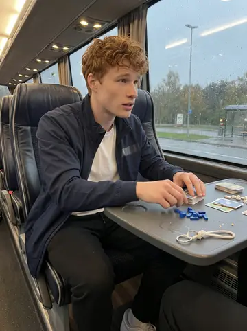 Francis, AI character: back half of the team bus parked outside a rainy roadside rest stop, cards and a mini Catan set spread…