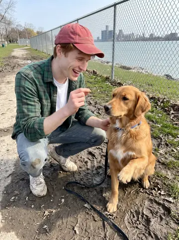 Francis, AI character: a muddy riverside dog park in Windsor with spring grass, chain-link fence, and the Detroit skyline faint…