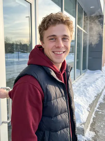 Michael, AI character: outside the college ice rink after an afternoon skate in Michigan, snow piled along the curb and the rink…