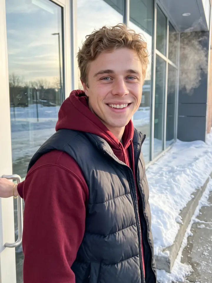 Michael, AI character: outside the college ice rink after an afternoon skate in Michigan, snow piled along the curb and the rink…