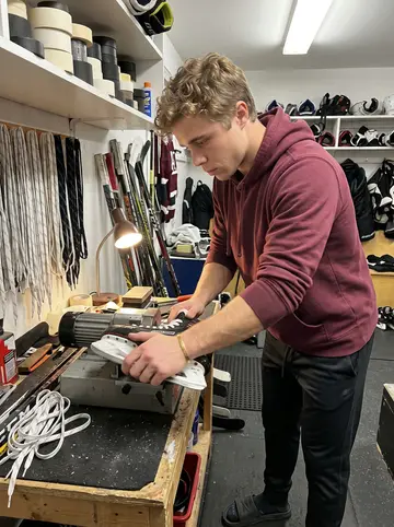Michael, AI character: the hockey equipment room after practice, skate sharpener bench, tape rolls, spare laces and sticks around him