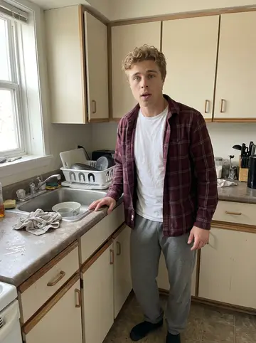 Michael, AI character: his small off-campus apartment kitchen on a bright spring afternoon, recipe card on the counter and a tray…