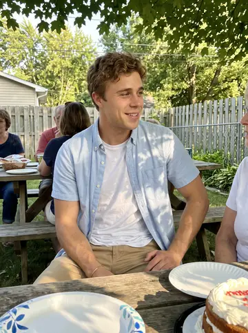 Michael, AI character: Grandma Dot's backyard birthday cookout in Saginaw, folding table with paper plates and a birthday cake…