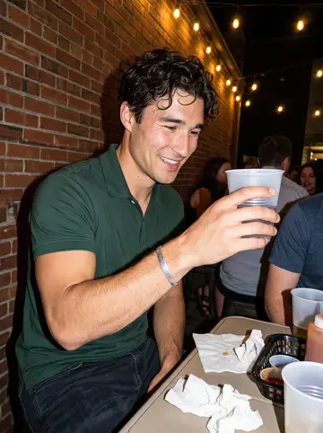 Evan, AI character: a crowded Buffalo patio after an off-season team dinner, string lights and brick wall behind him