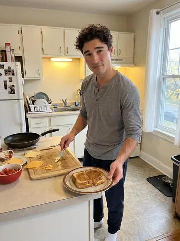 Evan, AI character: his Buffalo apartment kitchen on a grey afternoon, pans and a cutting board crowded with grilled cheese…