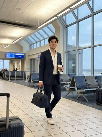 Evan, AI character: Buffalo airport concourse before a road trip, wet windows and rolling suitcases in the background