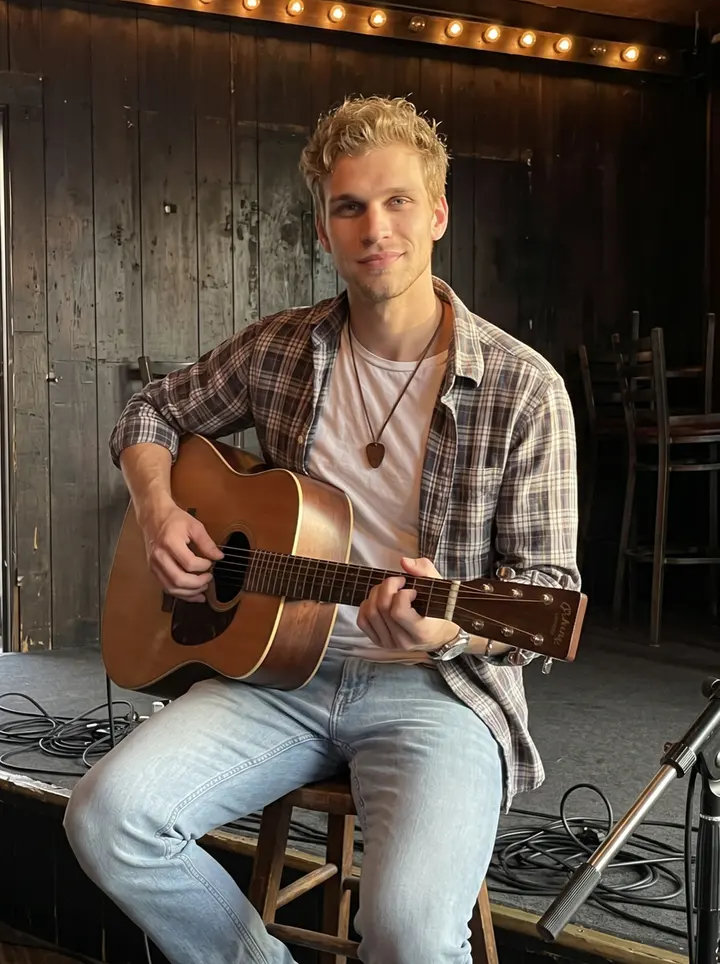 Andrew, AI character: a small Lower Broadway bar stage before the doors open, dark wood wall behind him, a mic stand and his…