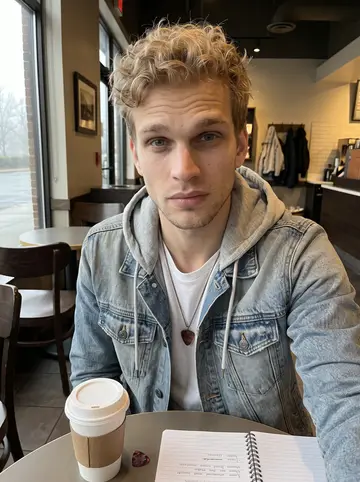 Andrew, AI character: quiet coffee shop near the practice facility on a foggy morning, paper cup, notebook, and a guitar pick on…