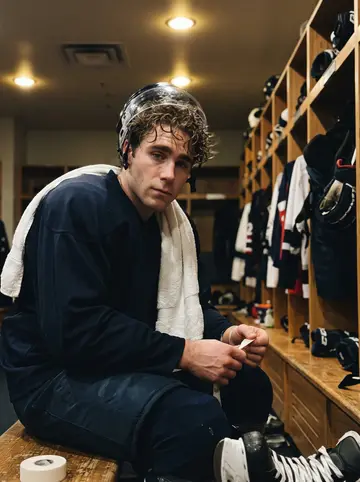 Alasdair, AI character: crowded apartment common room in the hockey-player building after a home game, coats piled on a chair and…