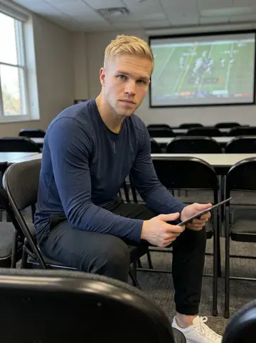 Bjørn, AI character: a quiet team film room before meetings, rows of dark chairs and a paused football play on a screen in the…