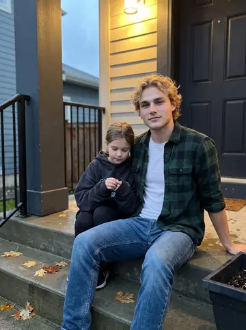 Teddy, AI character: the front steps of his family's house in Kingston on Canadian Thanksgiving, maple leaves on the steps