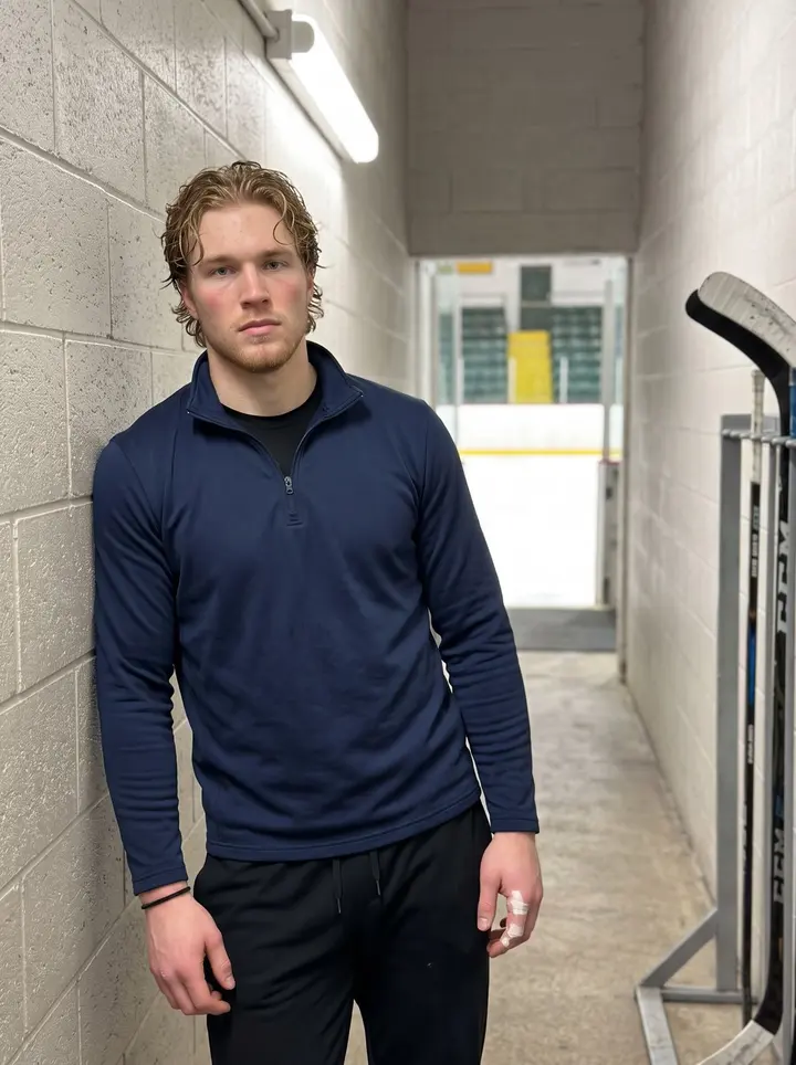 Brody, AI character: the concrete tunnel behind the bench at Cheel Arena after a home game, sticks racked on the wall