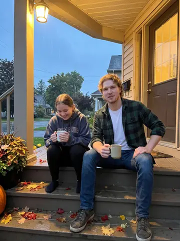Brody, AI character: the front steps of his family's house in Kingston on Canadian Thanksgiving, maple leaves on the steps