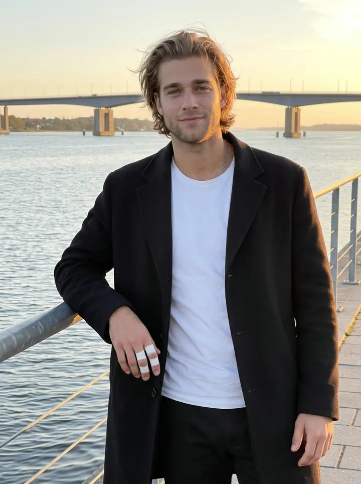 Johan, AI character: Aalborg harbor promenade by the Limfjord, metal railing, water and the bridge soft behind him
