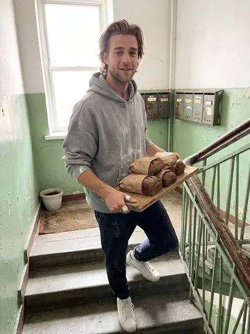 Johan, AI character: stairwell of his grandmother's old brick apartment building, Saturday morning bread round to the neighbors