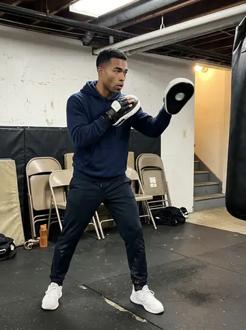Prince, AI character: a church-basement boxing gym on Tuesday night, old mats on the wall and folding chairs stacked near the corner