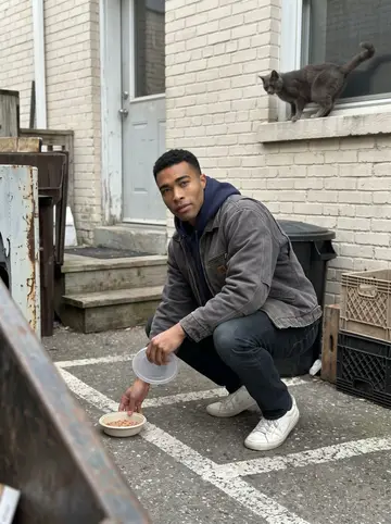 Prince, AI character: the narrow alley behind the body shop by the back steps, Warranty the grey stray cat on the windowsill…