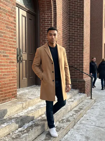 Prince, AI character: outside his mother's brick church after Sunday service, salt on the sidewalk and bare trees across the street