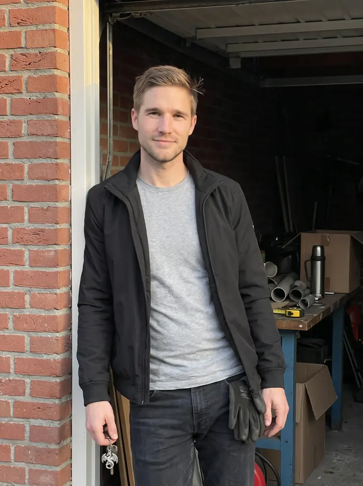Hidde, AI character: the open doorway of a small brick garage in Eindhoven, scrap conduit and a workbench behind him