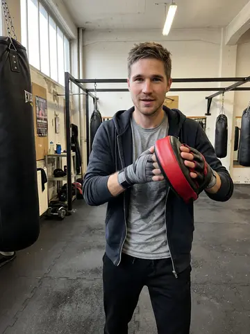 Hidde, AI character: a cold boxing gym in a converted industrial unit before work, heavy bags hanging behind him