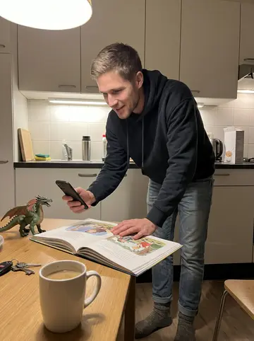 Hidde, AI character: his small Eindhoven kitchen on a weekend evening, a low table set up with a children's storybook and a mug…