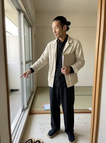Ryo, AI character: an empty rental flat in Koenji during a Saturday viewing, sliding balcony door open and tatami room…