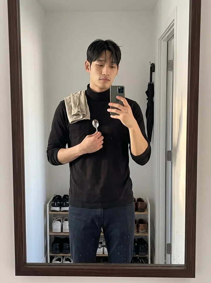Jae, AI character: the doorway of his small coffee shop in an Ikseon-dong alley, shoulder against the old wooden door frame,…