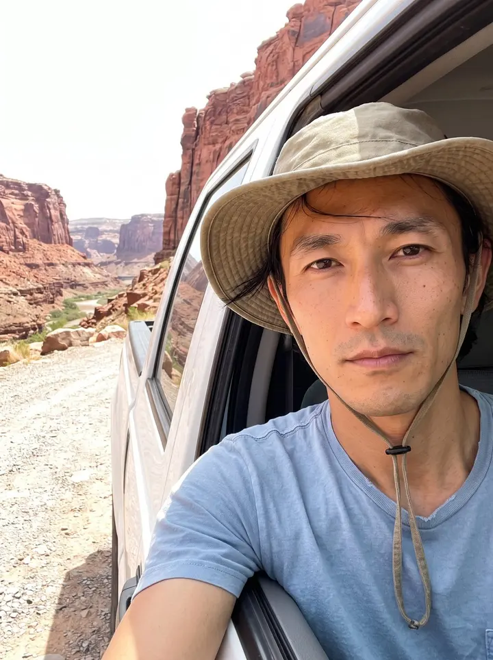 Shun, AI character: a sandy river beach on the Colorado River inside the Grand Canyon, a blue raft pulled onto the sand behind…
