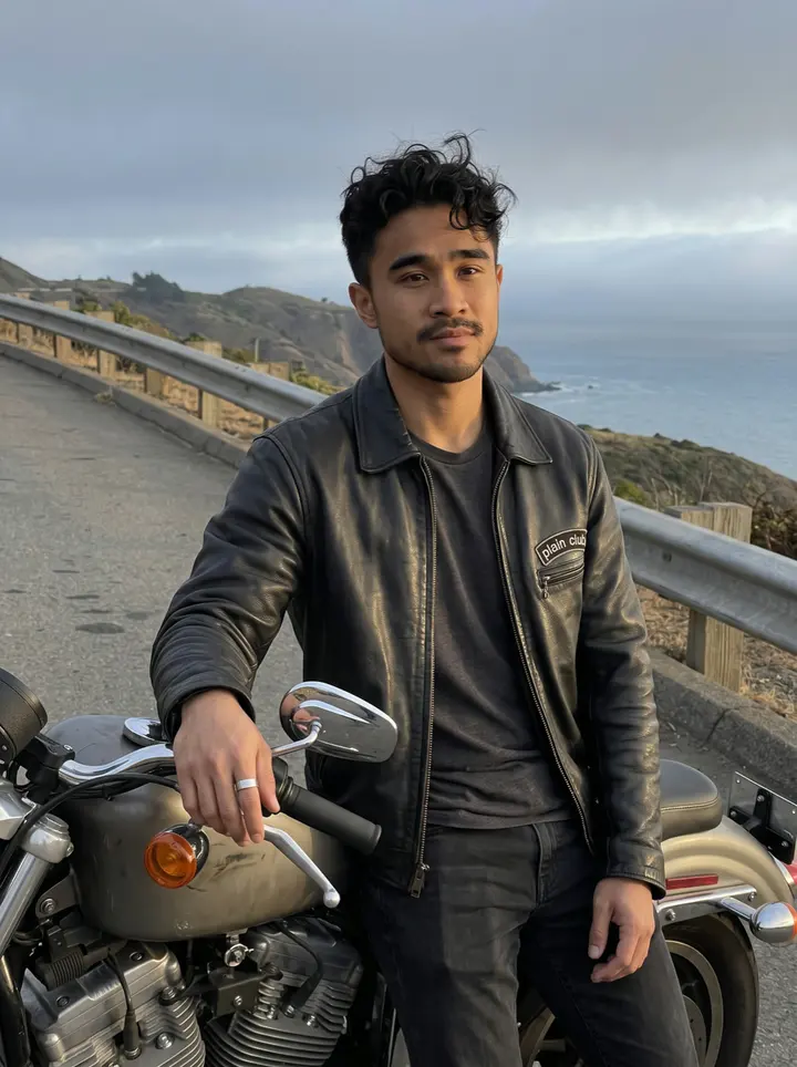 Paolo, AI character: a Daly City overlook near the coast at golden hour, leaning beside his unfinished 2004 Sportster with fog…