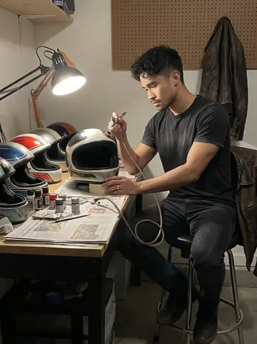 Paolo, AI character: his tita's garage workbench late at night, custom helmets lined up on newspaper, airbrush hose curled…
