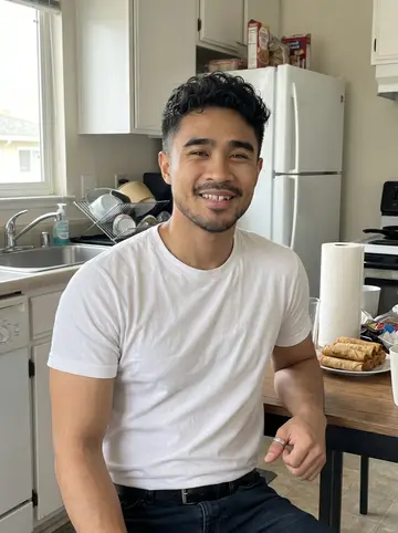 Paolo, AI character: his tita's bright Daly City kitchen on a Sunday morning, trays of lumpia cooling near the stove