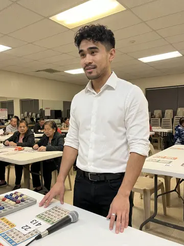 Paolo, AI character: the Filipino senior center bingo hall in Daly City, folding tables and bingo cards behind him