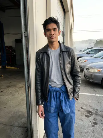 Arvin, AI character: outside the open bay door of the Daly City auto shop after his shift, a row of parked cars and low fog…