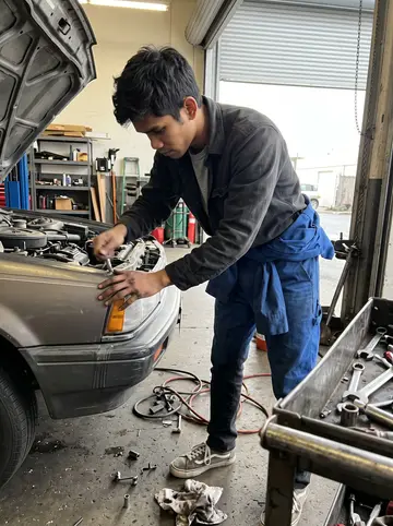 Arvin, AI character: inside the Daly City auto shop bay on a clear winter morning, concrete floor, open hood of an old sedan,…