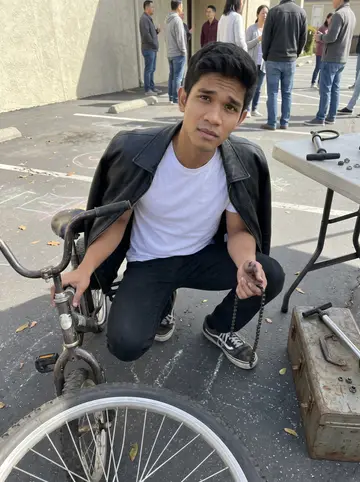 Arvin, AI character: church parking lot in Daly City after Sunday service, folding table with a toolbox, a kid's bike upside…