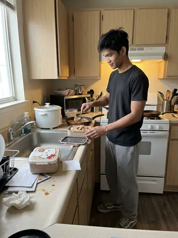 Arvin, AI character: small family apartment kitchen in Daly City before school, rice cooker on the counter, two cartoon-cat…