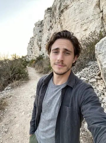 Yannick, AI character: at the foot of a pale limestone cliff above the Verdon gorge, dry scrub and a dusty path behind him